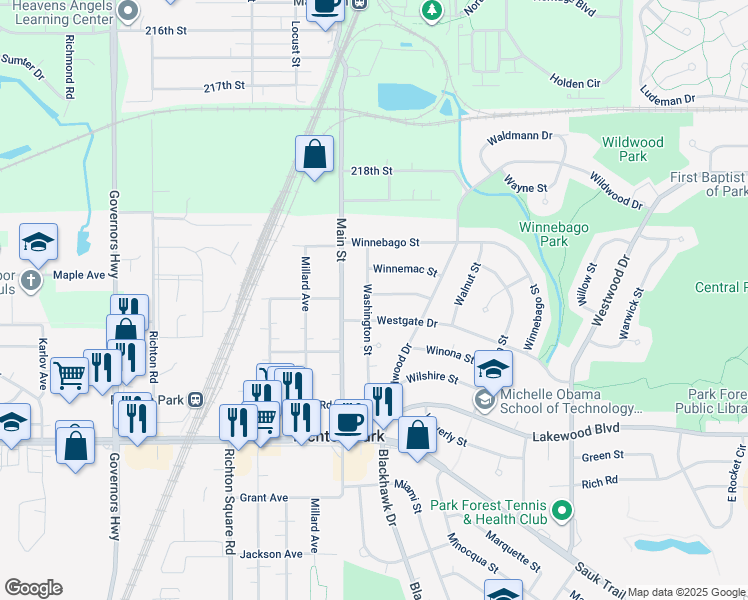 map of restaurants, bars, coffee shops, grocery stores, and more near 3595 Scottsdale Circle in Park Forest
