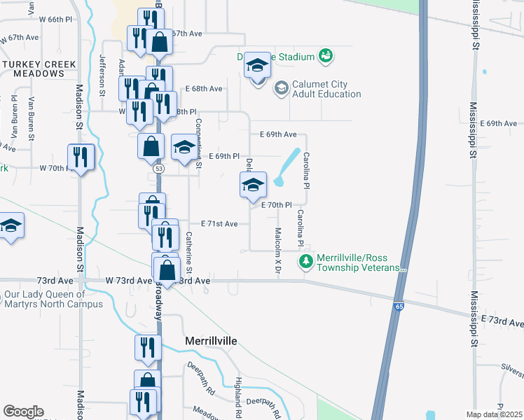 map of restaurants, bars, coffee shops, grocery stores, and more near 505 East 70th Place in Merrillville