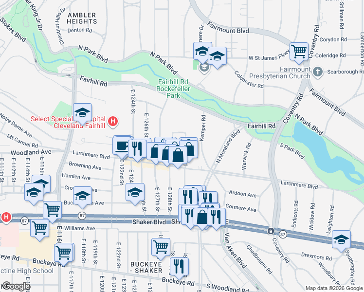 map of restaurants, bars, coffee shops, grocery stores, and more near 2567 Kendall Road in Shaker Heights
