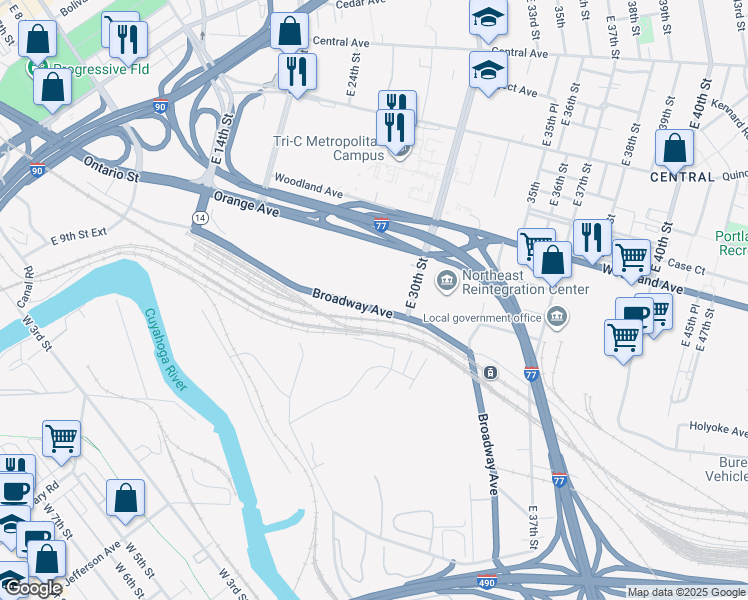 map of restaurants, bars, coffee shops, grocery stores, and more near 2400 Orange Avenue in Cleveland