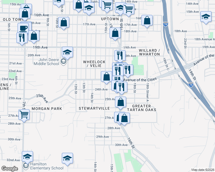 map of restaurants, bars, coffee shops, grocery stores, and more near 2401 15th Street in Moline