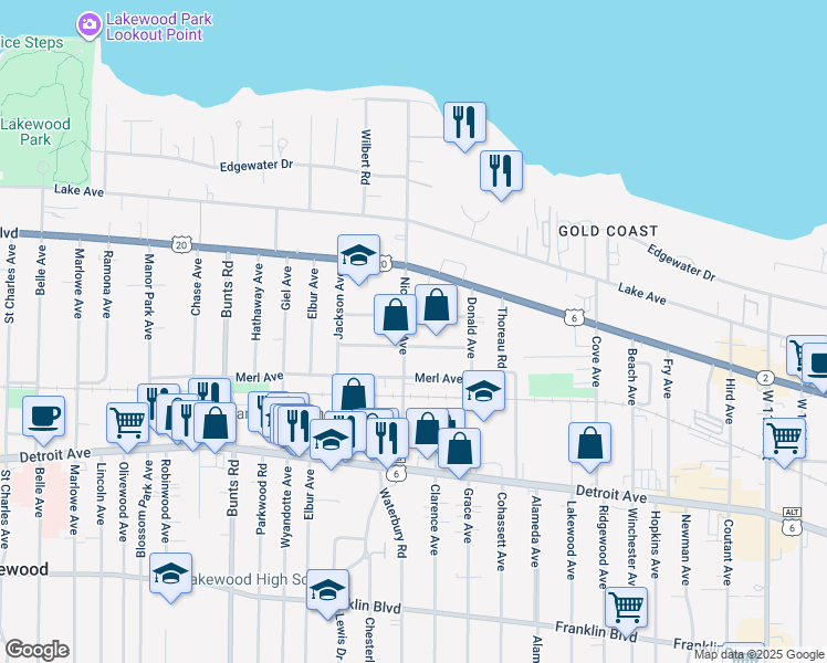 map of restaurants, bars, coffee shops, grocery stores, and more near 13406 Harlon Avenue in Lakewood