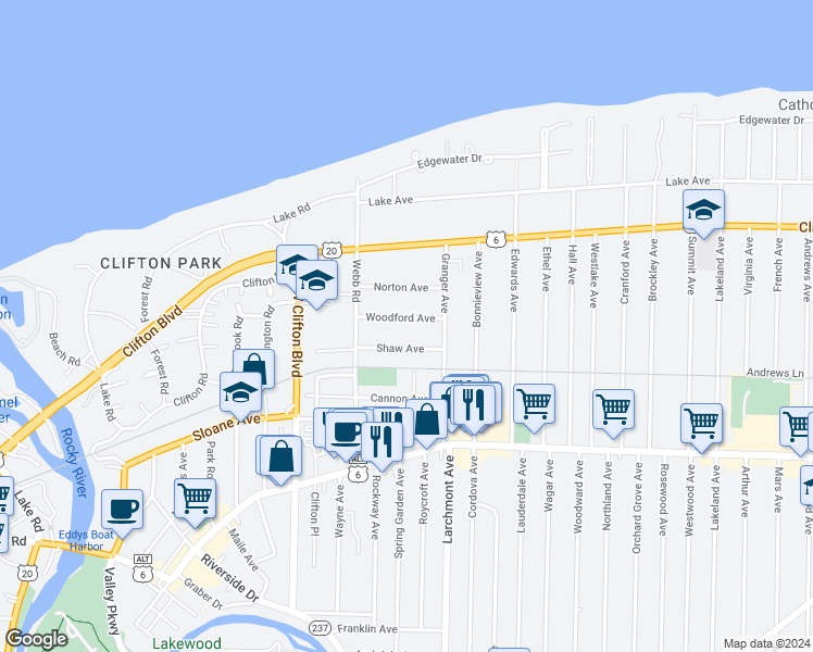 map of restaurants, bars, coffee shops, grocery stores, and more near 17456 Shaw Avenue in Lakewood