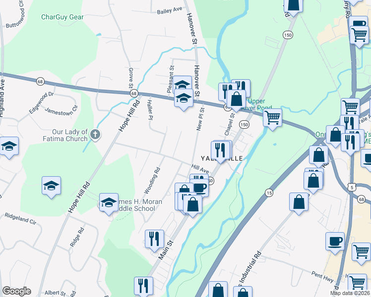 map of restaurants, bars, coffee shops, grocery stores, and more near 45 New Place Street in Wallingford