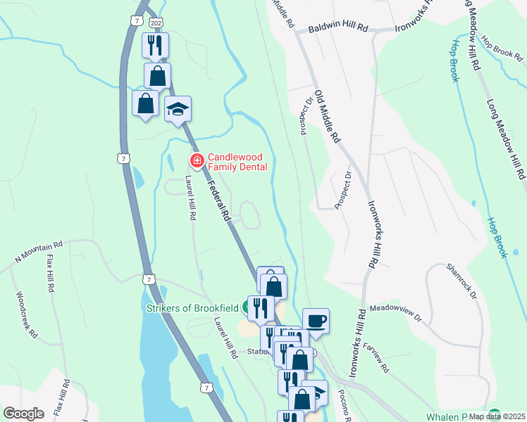 map of restaurants, bars, coffee shops, grocery stores, and more near 115 Still Water Circle in Brookfield
