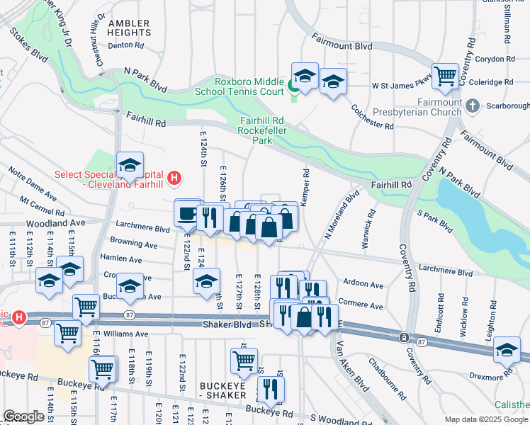 map of restaurants, bars, coffee shops, grocery stores, and more near 2567 Kendall Road in Shaker Heights