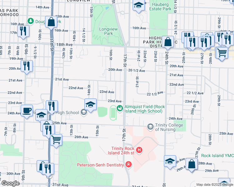 map of restaurants, bars, coffee shops, grocery stores, and more near 2203 16th Street in Rock Island