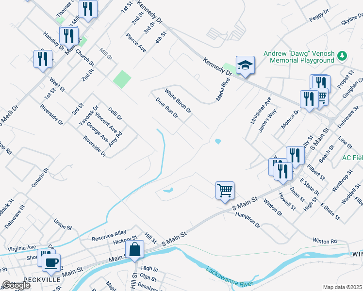 map of restaurants, bars, coffee shops, grocery stores, and more near 433 West Church Street in Archbald