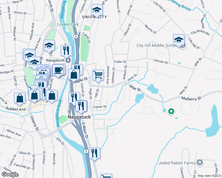 map of restaurants, bars, coffee shops, grocery stores, and more near 17 Spruce Drive in Naugatuck