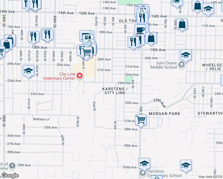 map of restaurants, bars, coffee shops, grocery stores, and more near 2414 3rd Street in Moline
