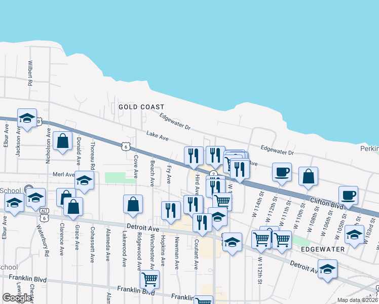 map of restaurants, bars, coffee shops, grocery stores, and more near 11828 Clifton Boulevard in Lakewood