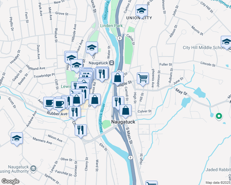 map of restaurants, bars, coffee shops, grocery stores, and more near 75-77 South Main Street in Naugatuck