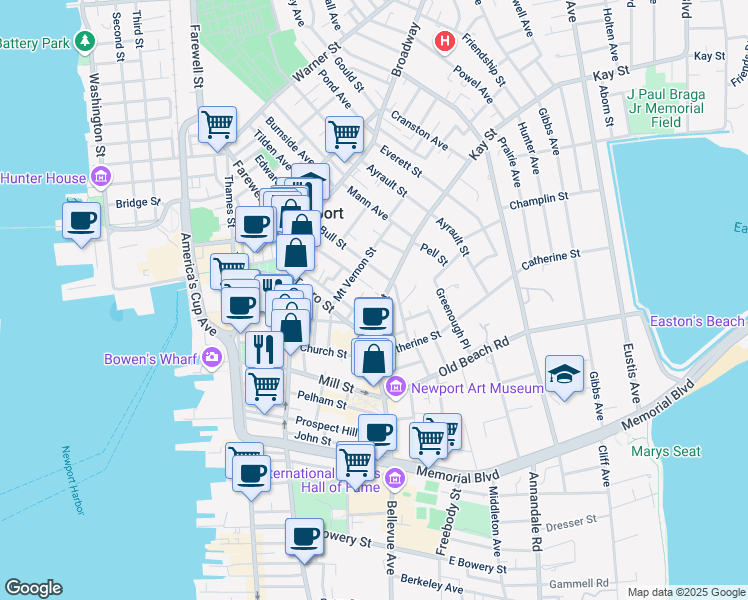 map of restaurants, bars, coffee shops, grocery stores, and more near 7 Whitfield Place in Newport