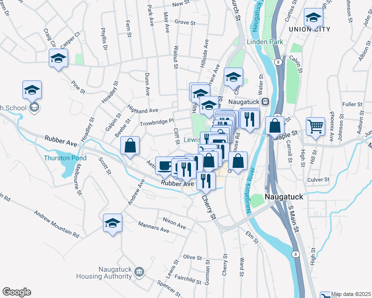 map of restaurants, bars, coffee shops, grocery stores, and more near 30 Pleasant View Street in Naugatuck