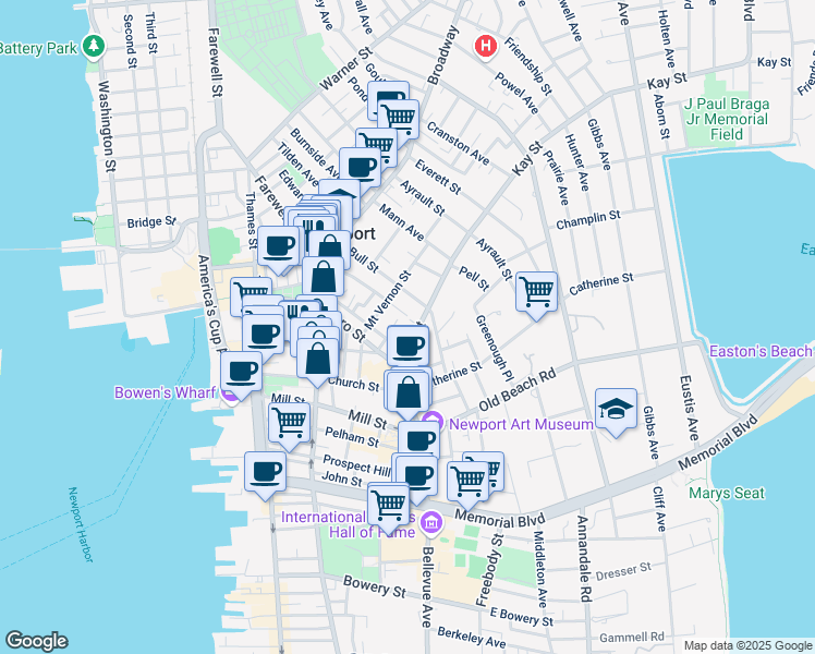 map of restaurants, bars, coffee shops, grocery stores, and more near 7 Whitfield Place in Newport