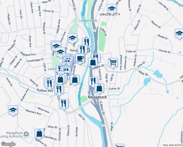 map of restaurants, bars, coffee shops, grocery stores, and more near 75-77 South Main Street in Naugatuck