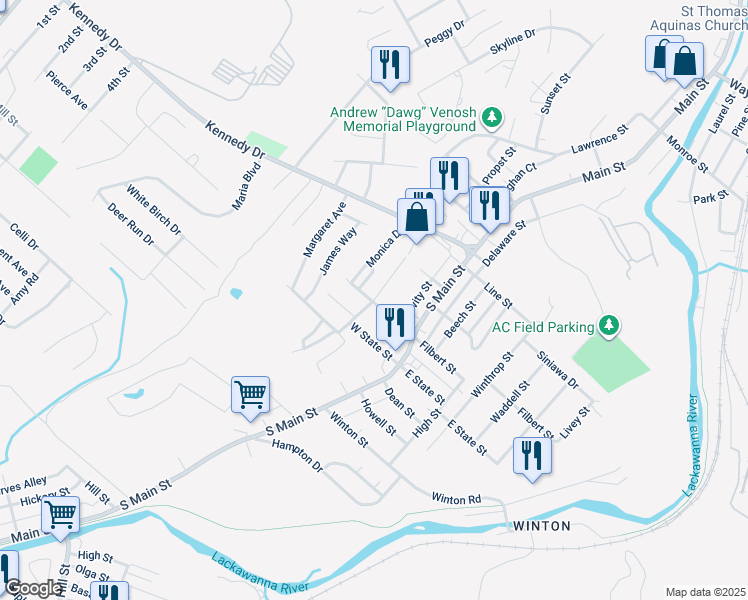 map of restaurants, bars, coffee shops, grocery stores, and more near 1244 West State Street in Archbald