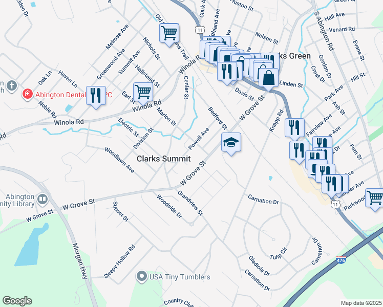 map of restaurants, bars, coffee shops, grocery stores, and more near 101-103 Jones St in Clarks Summit