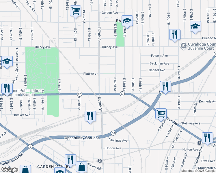 map of restaurants, bars, coffee shops, grocery stores, and more near 8109 Woodland Avenue in Cleveland