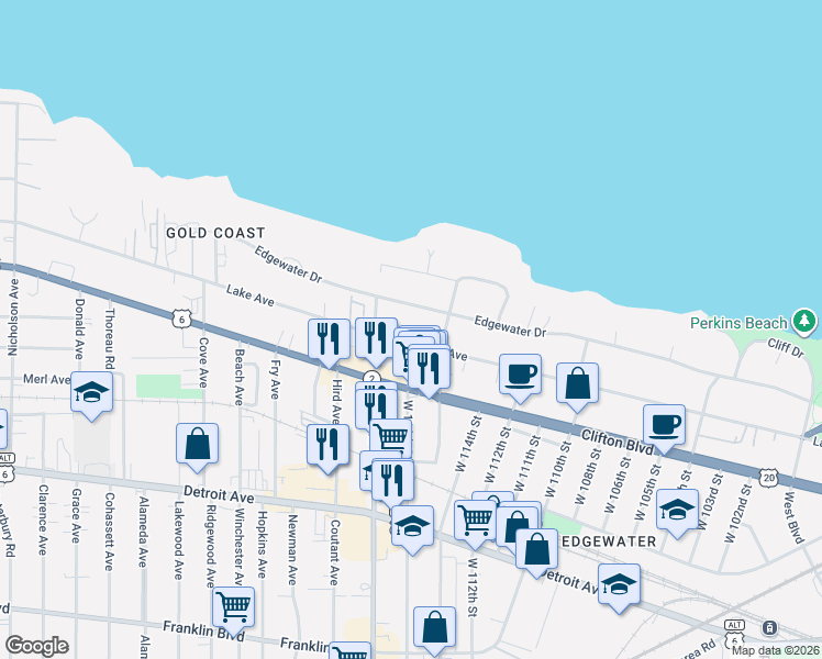 map of restaurants, bars, coffee shops, grocery stores, and more near 11611 Lake Avenue in Cleveland