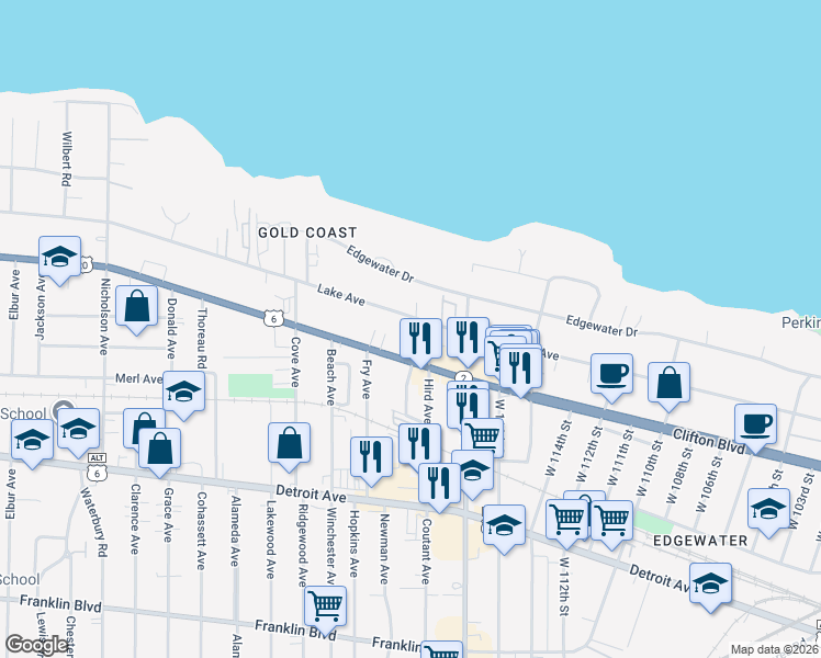 map of restaurants, bars, coffee shops, grocery stores, and more near 11828 Clifton Boulevard in Lakewood