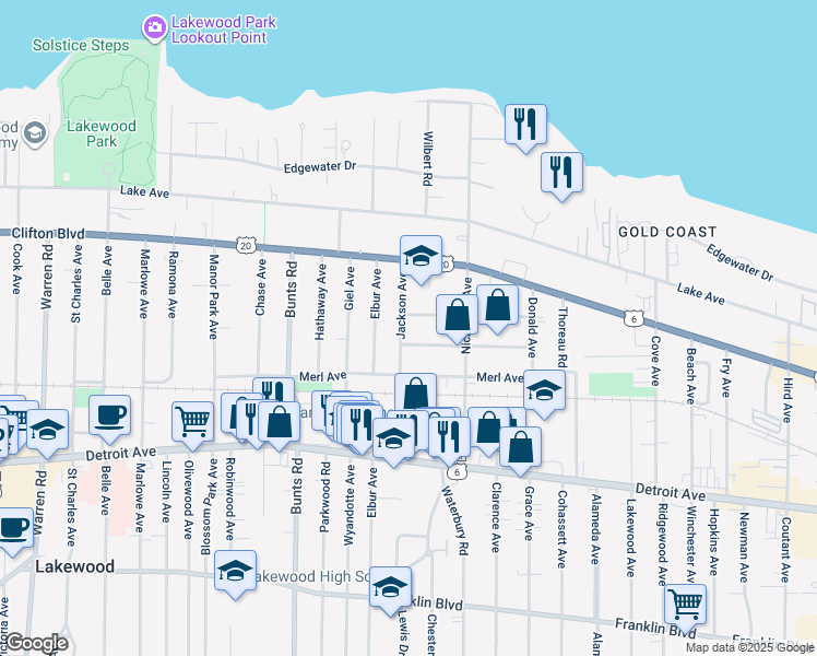 map of restaurants, bars, coffee shops, grocery stores, and more near 13443 Harlon Avenue in Lakewood