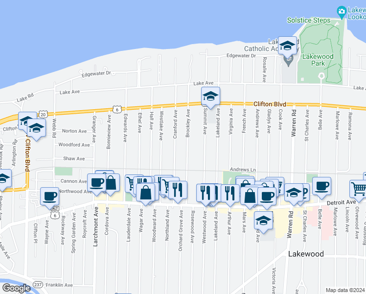 map of restaurants, bars, coffee shops, grocery stores, and more near 1281 Brockley Avenue in Lakewood