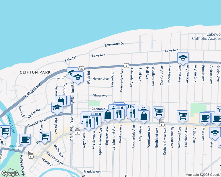 map of restaurants, bars, coffee shops, grocery stores, and more near 17416 Shaw Avenue in Lakewood
