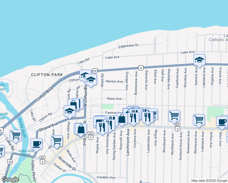 map of restaurants, bars, coffee shops, grocery stores, and more near 17456 Shaw Avenue in Lakewood