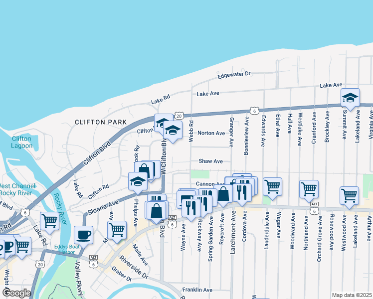 map of restaurants, bars, coffee shops, grocery stores, and more near 1264 Webb Road in Lakewood
