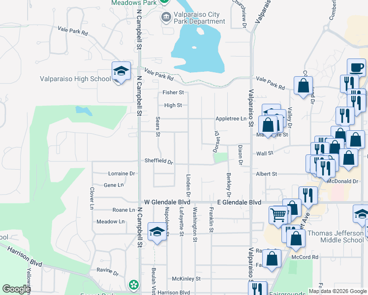 map of restaurants, bars, coffee shops, grocery stores, and more near 2206 Linden Drive in Valparaiso
