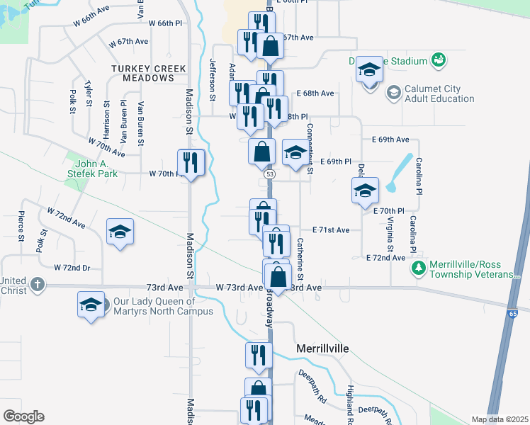 map of restaurants, bars, coffee shops, grocery stores, and more near 7091 Broadway in Merrillville