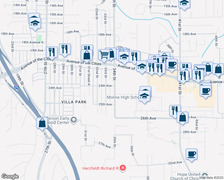 map of restaurants, bars, coffee shops, grocery stores, and more near 2413 34th Street in Moline
