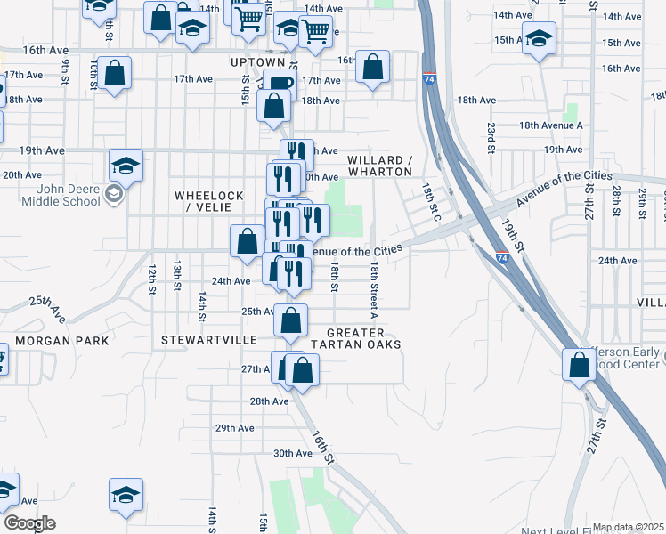 map of restaurants, bars, coffee shops, grocery stores, and more near 1650 24th Avenue in Moline