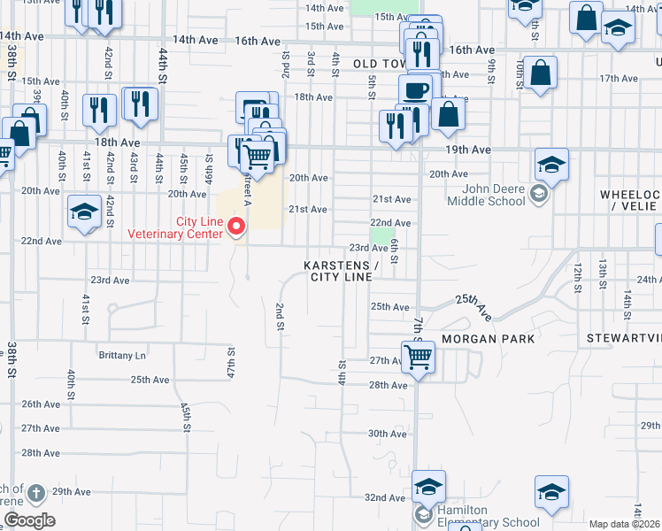 map of restaurants, bars, coffee shops, grocery stores, and more near 2414 3rd Street in Moline