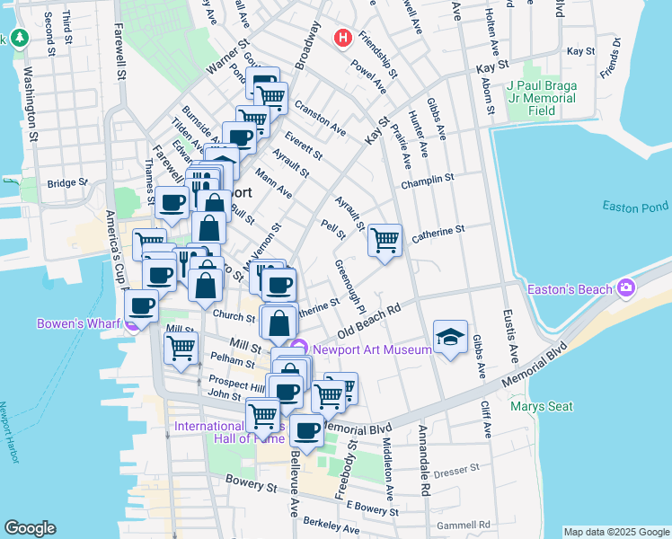 map of restaurants, bars, coffee shops, grocery stores, and more near 24 Greenough Place in Newport