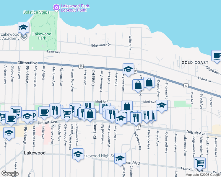 map of restaurants, bars, coffee shops, grocery stores, and more near 1287 Giel Avenue in Lakewood