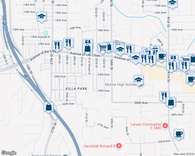 map of restaurants, bars, coffee shops, grocery stores, and more near 2423 32nd Street in Moline