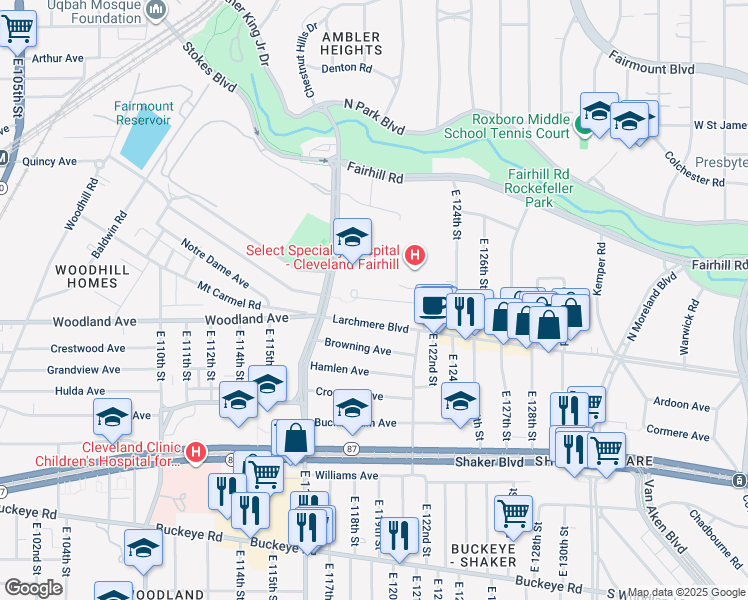 map of restaurants, bars, coffee shops, grocery stores, and more near 11800 Mount Overlook Avenue in Cleveland
