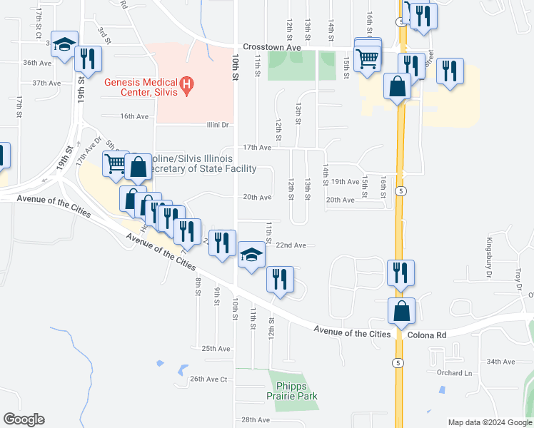 map of restaurants, bars, coffee shops, grocery stores, and more near 1013 21st Avenue in Silvis