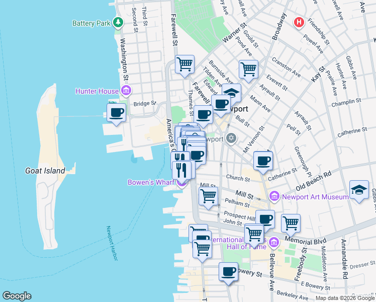 map of restaurants, bars, coffee shops, grocery stores, and more near 136 Swinburne Street in Jamestown