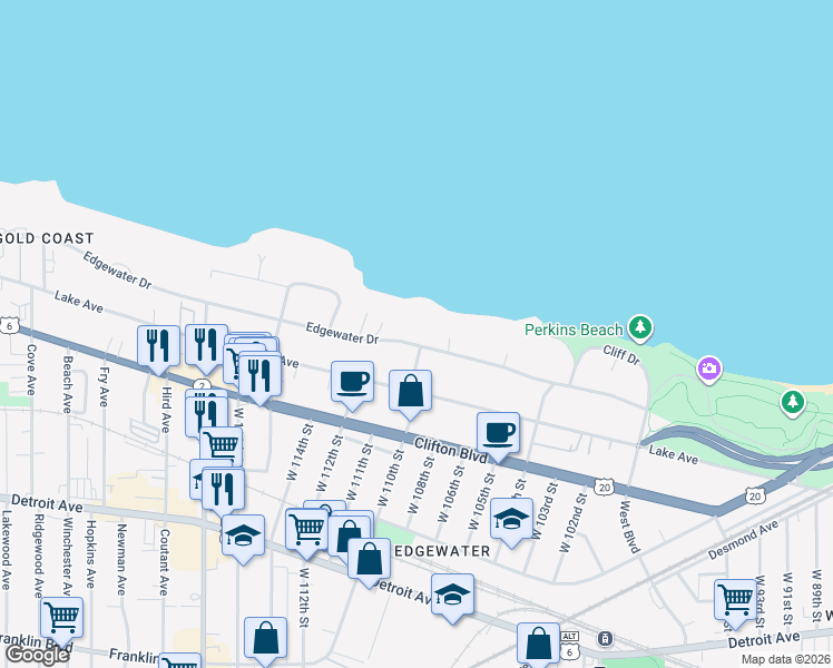 map of restaurants, bars, coffee shops, grocery stores, and more near 11006 Edgewater Drive in Cleveland