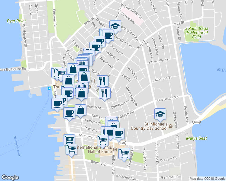 map of restaurants, bars, coffee shops, grocery stores, and more near 19 Kay Street in Newport
