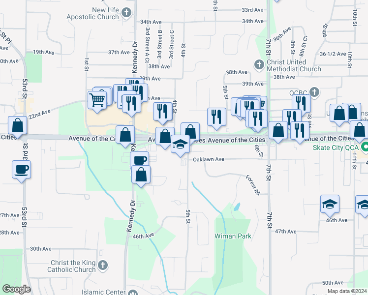 map of restaurants, bars, coffee shops, grocery stores, and more near 490 Avenue Of The Cities in East Moline