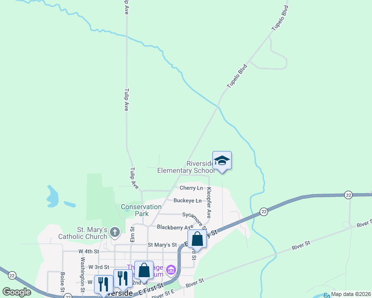 map of restaurants, bars, coffee shops, grocery stores, and more near 1155 Tupelo Boulevard in Riverside