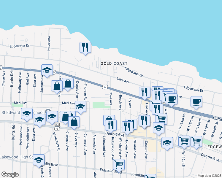 map of restaurants, bars, coffee shops, grocery stores, and more near Clifton Blvd & Cove Ave in Lakewood