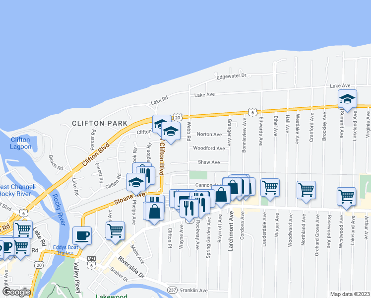 map of restaurants, bars, coffee shops, grocery stores, and more near 1238 Webb Road in Lakewood