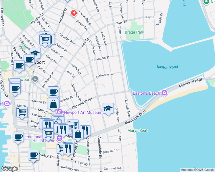 map of restaurants, bars, coffee shops, grocery stores, and more near 116 Old Beach Road in Newport
