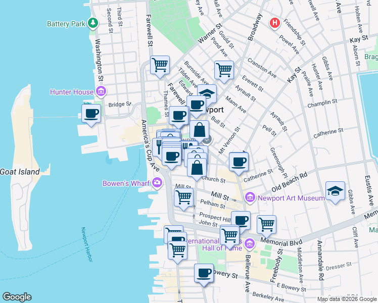 map of restaurants, bars, coffee shops, grocery stores, and more near 41 Mary Street in Newport