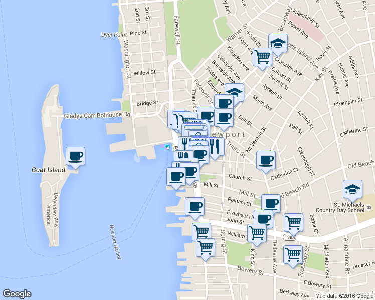 map of restaurants, bars, coffee shops, grocery stores, and more near 136 Swinburne Street in Jamestown